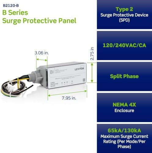 Leviton Type 2 Surge Protective Panel, 120/240 VAC, Split Phase, 130kA per Phase, B2120-B