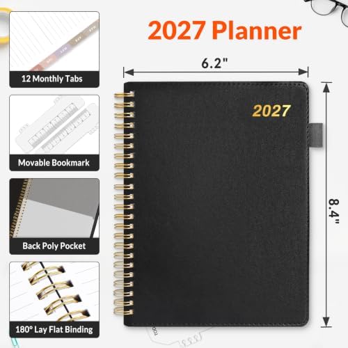SUNEE 2027 Weekly & Monthly Planner 6.2"x8.5"- 12 Month (January 2027 - December 2027), Vegan Leather Cover, Pocket, Bookmark, Notes, Monthly Tab, Black