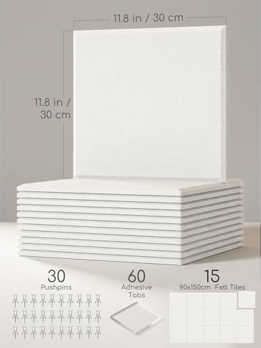 Thick Felt Pin Board Tiles 15 Pack, 11.8x11.8 Bulletin Board for Wall