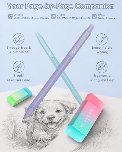 XKDOUS Mechanical Pencil Set, Cute Aesthetic School Supplies Stationery | 0.5 & 0.7mm Mechanical Pencils with 240 Lead Refills, 5 Gel Pens & Index Stickers, Cute Stationery Set for Writing