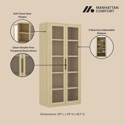 Manhattan Comfort Rivington 5-Shelf Bookcase 79" Tall Modern Bookshelf with Soft Close Glass Doors, Adjustable Fit, Handle-Free, Storage Cabinet for Living Room, Bedroom, Office, Set of 3, Natural Oak