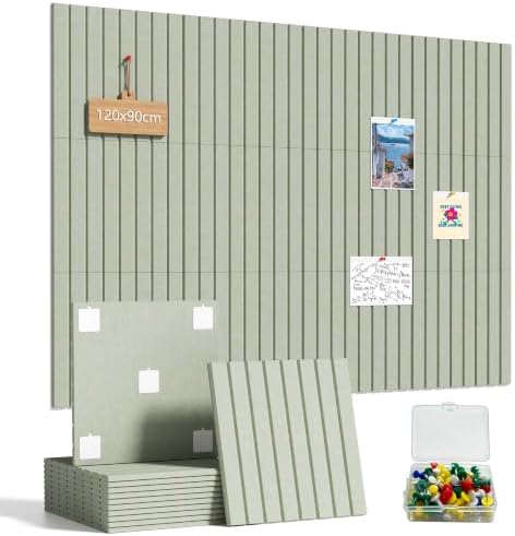 Felt Bulletin Board Tiles, 12 Pack Combination 90×120cm Large Felt Pin Board with 35 Colored Pushpins & 70 Traceless Adhesive Tabs for Office Home Classroom, Sage
