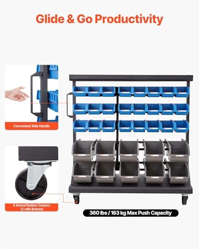 VEVOR 5-Tier Double-Sided Rolling Bin Storage Rack, 68 Plastic Bins, Dual-Sided Parts Organizer with Wheels, Mobile Tool Organizer for Garage, Warehouse, Office, Restaurant, Classroom, Kitchen