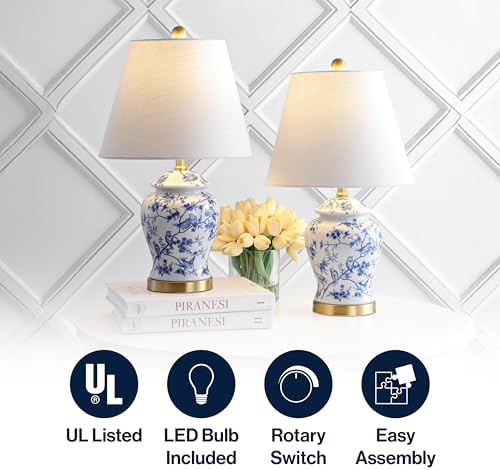 JONATHAN Y Penelope Ginger Jar 22" LED Table Lamp, Blue/White, Set of 2