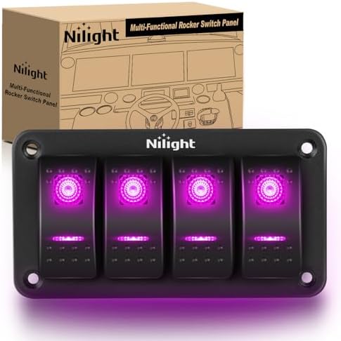 Nilight 4 Gang Rocker Switch Panel w/Purple LED Light 5Pin On Off Pre-Wired