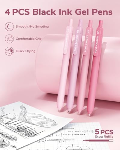 Four Candies Cute Aesthetic Pink School Supplies Kit for Girls | College Supplies and Nursing Essentials Pens, Highlighters, Mechanical Pencils, Sticky Notes for Students, Journaling