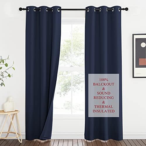 NICETOWN Sound Blocking Black Out Curtains for Patio Door, Heavy-Duty Space Divider Curtains for Living Room, Lined Insert Noise, Blackout, Thermal Insulation Drapes for Closet (Navy, 84-inch Long)