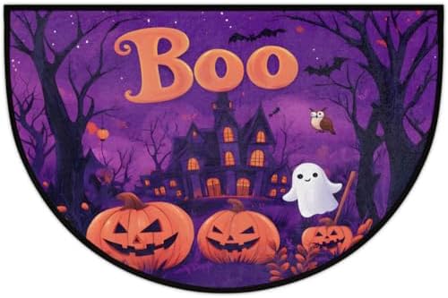 Halloween Castle Pumpkin BOO Half Round Door Mat, Non-Slip Welcome Indoor Entrance Way Rug Semi Circle Front Doormats Washable Bathroom Kitchen Floor Mat, Outdoor Rugs for Garage, Patio, Hearth Rug