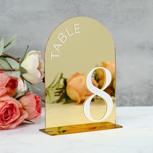 Gold Mirror Arch Wedding Table Numbers 1-15 with Stands