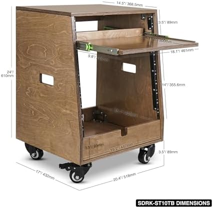 Sound Town DIY Slanted 10U Studio Rack (2U Top + 8U Lower), with 2U Bottom Storage, Slide-Out Tray, Caster, Plywood, Weathered Brown for Recording Room, Home Studio (SDRK-ST10TB)