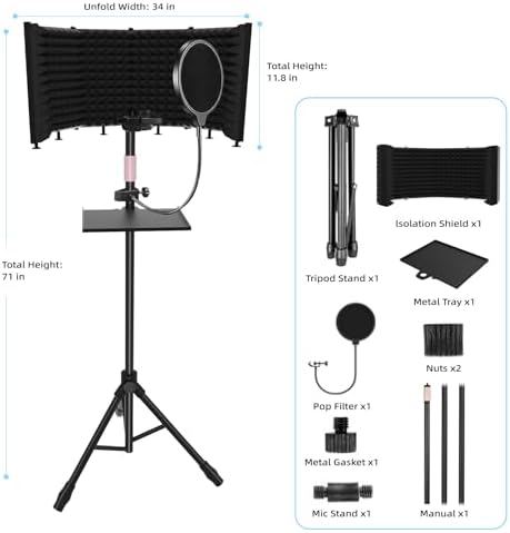 Microphone Isolation Shield – Foldable & Adjustable Soundproof Panel for Recording, Podcasting, Vocal Booth, Studio & Home Use (Six-sided high stand)