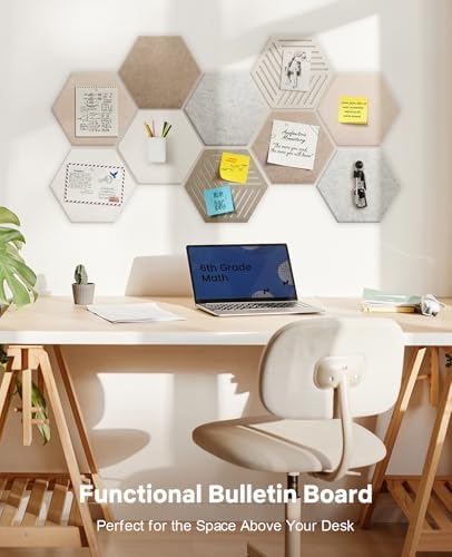 Hexagon Cork Bulletin Board Tiles, 10 Pack Felt Panels for Wall,
