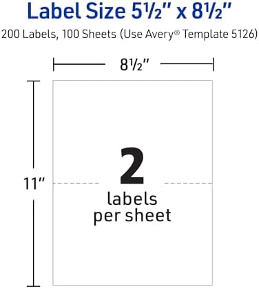 Avery Half-Sheet Printable Shipping Labels, 5.5" x 8.5" Customizable Stickers, White, 200 Blank Mailing Labels, Great for Mailing, Shipping, Organizing, and More (5126) (Pack of 5)
