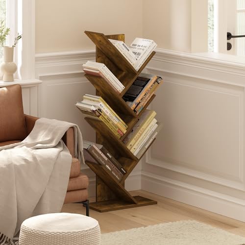 Furinno Tree Book Shelf, 7-Tier Bookshelf with Angled Open Shelf, Tree Bookcase for Room Decor, 8.4 x 15.7 x 39.4, for Organization and Storage, for Living Room, Bedroom, Home Office, Amber Pine
