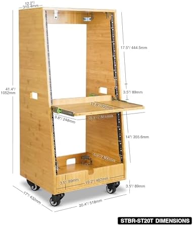 Sound Town DIY Solid Carbonized Bamboo Slanted 20U Studio Rack (12U Top + 8U Lower), with 2U Bottom Storage, Slide-Out Tray, Caster, For Recording Room, Home Studio (STBR-ST20T)