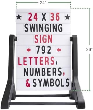 Swinging Changeable Message Sidewalk Sign: 24" x 36" Sign with 792 Pre-Cut Double Sided Letters and Storage Box. Includes Black Board & Letter Board (Black Color Legs)