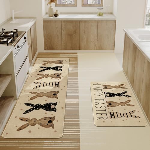 Happy Easter Kitchen Rugs and Mats Set of 2,Spring Rabbit Bunnies Polka Dots Farmhouse Non Slip Washable Floor Sink Mats Decorations for Home Kitchen 18"x48"+18"x30"