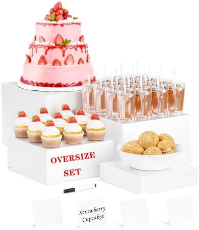 Metal Buffet Risers,4PCS OVERSIZED Food Risers for Buffet Table 8IN to 11IN Display Stand with Mini Acrylic Signs for Catering Dessert Wedding Collectibles Jewelry Figures Show Grayish White Cube Boxes Nesting Risers with Hollow Bottoms