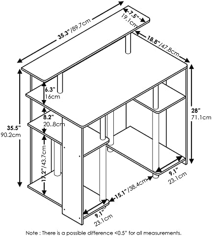 35.3 Wide Gaming Desk with Raised Hutch and Open Shelf, Simple Design Computer Writing Desk, Office Desk for Bedroom, Home Office, White Oak/Stainless Steel