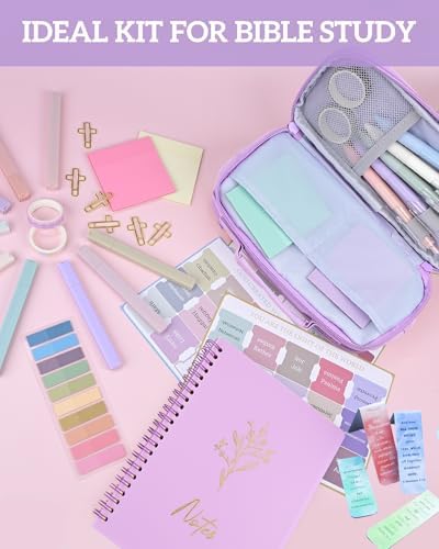 65 Pcs Bible Study Supplies-Bible Journaling Kit for Women,Aesthetic Bible Study Tools with Pencil Case Bible Highlighters Bible Tabs and Pens,Mothers Day Christian Gifts for Women (Purple)