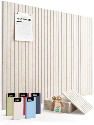 VIVELDA Large Felt Bulletin Board 48 x 36 Inch - 12-Pack Square Acoustic Wall Panels, Cork Board Alternative, NRC 0.95, Damage-Free Adhesive, Slatted Design for Home, Classroom (Limestone)