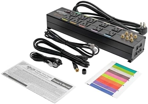 Tripp Lite Isobar 10 Outlet Audio/Video Surge Protector Tel/Modem/Coax/Network 8ft Cord Right Angle Plug, & $500,000 Insurance (HT10DBS) Black
