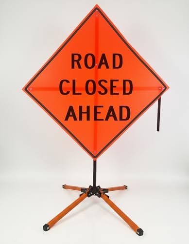 Traffic Roll-Up Sign Kit with Stand – Collapsible Safety Sign & Heavy-Duty Portable Stand, High Visibility, Easy Setup (Road Closed Ahead, Mesh)