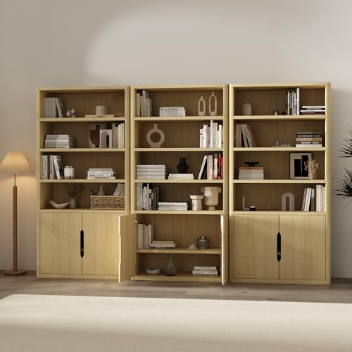 Manhattan Comfort Rivington 79 in Tall Modern Bookshelf with Soft Close Doors, Four Open Shelves and Two Adjustable Shelves, Bookcase Storage Cabinet for Living Room or Office, Set of 3 in Natural Oak