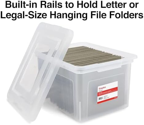 STAPLES Plastic File Box with Snap Lid, Letter/Legal Size, Clear, 2/Pack | Stackable storage box keeps hanging files organized and protected.