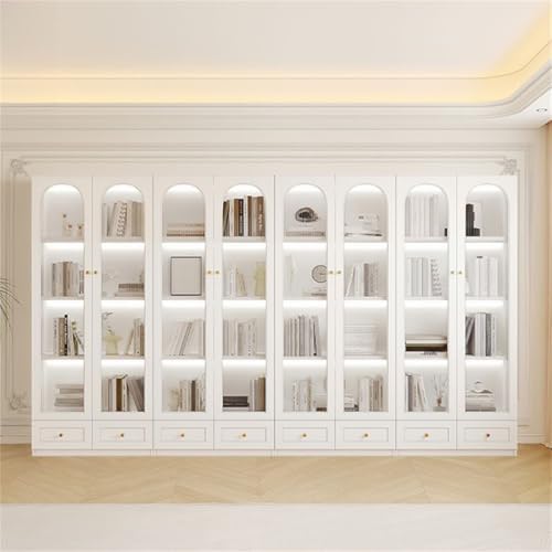 4-Tier Wood Barrister Bookcase with Multiple Drawers & Shelves Bookcase Bookshelf Integrated Home Living Room Study Cabinet Modern Display Cabinet Shelf White 126" L x 13" W x 79" H