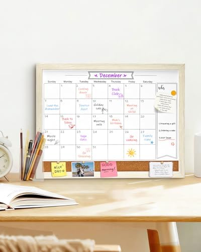 Dry Erase Calendar Whiteboard for Wall, Small Combination Magnetic Dry Erase White Board & Bulletin Board, 13" x 17"，White Frame Calendar/Cork Combo Board(WH-3343)