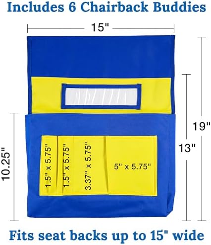 Carson Dellosa Chair Pockets for Classroom, Yellow & Blue, 6-Pack | Durable 15x19" Chairback Buddy for Classroom Supplies, Desk Buddy Pocket Organizer with Name Tag, Back of Chair Storage