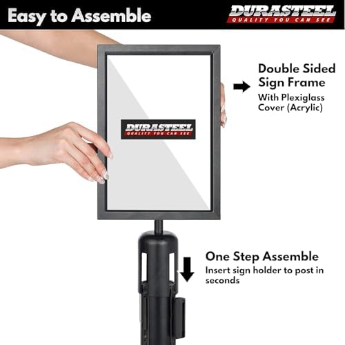 DuraSteel Stanchion Sign Holder 8.5" x 11" Paper Size - Double Sided Portrait Display w/Plexiglass Cover - Black Stanchions Crowd Control Metal Outdoor Sign Holder Stand - NOT Fit US Weight Stantions