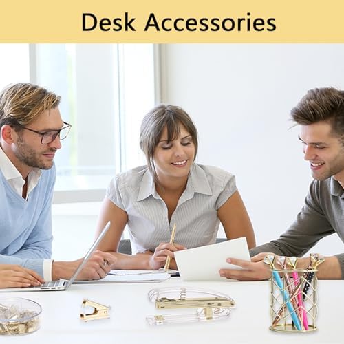 suniya Office Supplies,Gold Desk Accessories,with Stapler,Tape Dispenser,Pen Holder,Scissors,Phone Stand,Staple Remover,Ballpoint Pen,Clear Tape, Staples,Ruler,Clips,Best Gift for Business or Boss