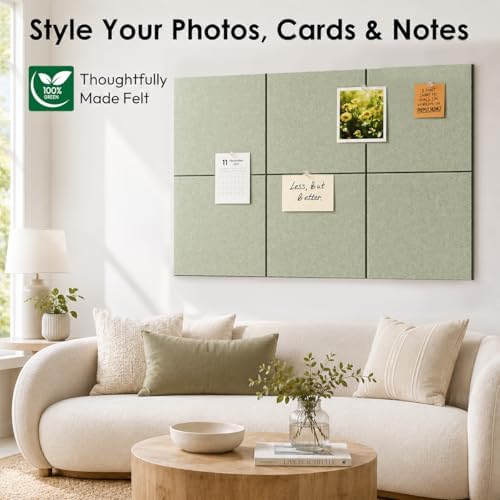 SIOLOC Felt Bulletin Board Tiles, 6 Pack Sage Green Cork Board Alternative for Walls, 36 x 24 in Felt Wall Tiles, Large Push Pin Board for Home Office, Classroom, Dorm Decor
