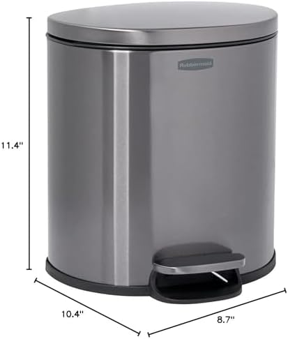 Rubbermaid Stainless Steel Semi-Round Step-On Trash Can, 1.6-Gallon, Charcoal, Small Wastebasket with Lid for Home/Kitchen/Bathroom/Office