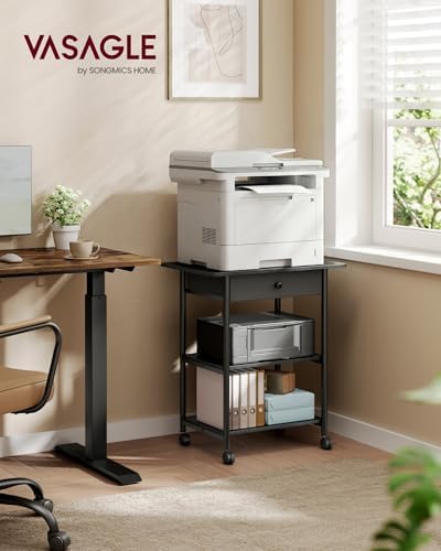VASAGLE 3-Tier Printer Stand with Locking Wheels, Under Desk Printer Table
