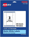 Avery® Matte White Rectangle Labels, Sure Feed® Technology, 2.5" x 5", 750 Matte White Printable Labels