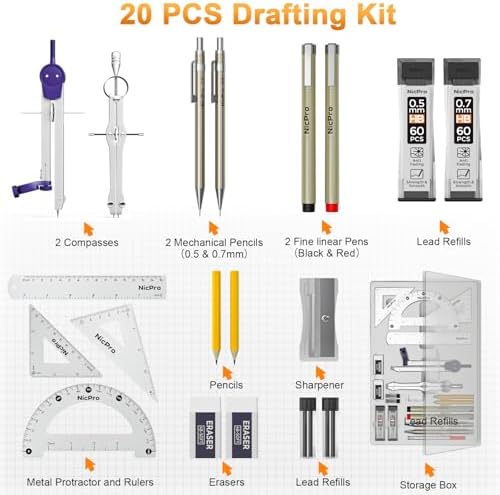 Nicpro 20PCS Professional Geometry Set Drafting Tool Protractor Compass