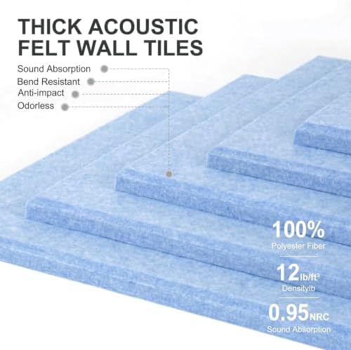Felt Wall Tiles Bulletin Board Large Cork Board Alternative 12 Pack 11.81”x11.81”x0.47” Felt Pin Board Tack Board with Safe Removable Adhesive Tabs for Home Office School 48x36(Light Blue)