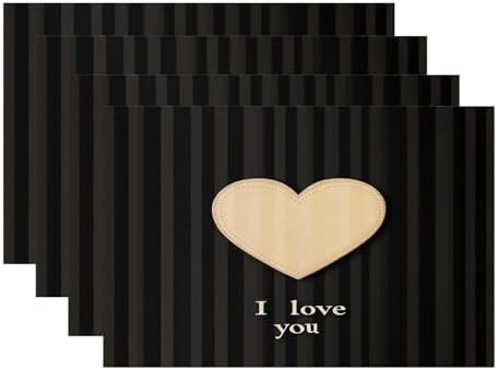 Batmerry Heart Text Linen Placemats Set of 4, Heart with I Love You Washable Table Mats for Kitchen Table Thickened Heat Insulation Dining Set Indoor Outdoor 12X18 in