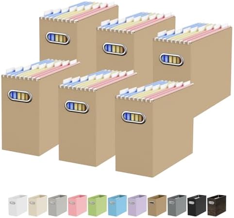 Oterri Portable Collapsible Cardboard File Box with Handle for Letter-Size | 6-Pack. Stainless Steel Handle. Label Stickers Included. Fits Letter Folders (Not Included). Home, Office, School, Dorm, Tax.