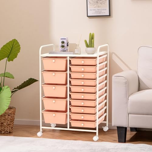 COSTWAY 15 Drawer Rolling Storage Cart, Mobile Utility Cart with Lockable Wheels, Drawers, Multipurpose Organizer Cart for Home, Office, School, Peach