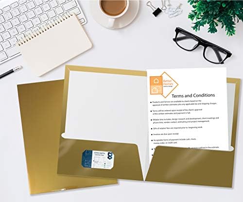 Better Office Products 2 Pocket Glossy Laminated Metallic Gold Paper Folders, Letter Size, 25 Pack, Paper Portfolios Box of 25
