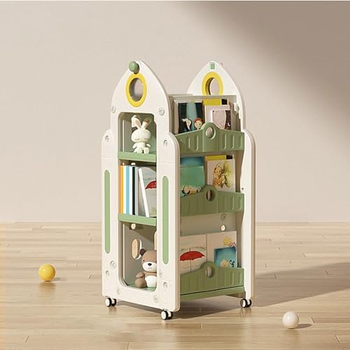 GAMAK Small Bookshelf for Small Spaces Kids Stand on Wheels Rotating Bookshelf 360 Display 4 Tier Bookcase Children's Picture Book Floor Storage (Color : Green)