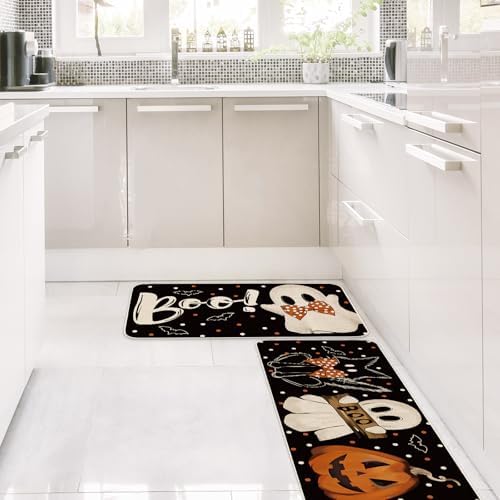 JarThenaAMCS Halloween Kitchen Mats Set of 2 Ghost Pumpkin Boo Kitchen Floor Mat Non-Slip Spooky Decorative Bathroom Rugs, 17 x 29 Inch & 17 x 47 Inch