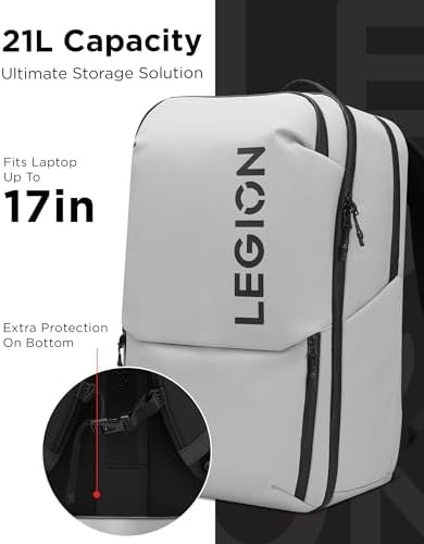 Lenovo Legion Gaming Laptop Backpack GB800, 21L Capacity, Fits 17-inch Laptops, Water Resistant, Three Main Compartments & 19 Specialiized Pockets, Light Grey