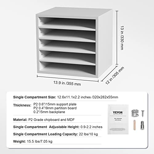 VEVOR Literature Organizers, 5 Compartments Office Mailbox with Adjustable Shelves, Wood Literature Sorter 13.9x12x13 inches for Office, Home, Classroom, Mailrooms Organization, EPA Certified, White