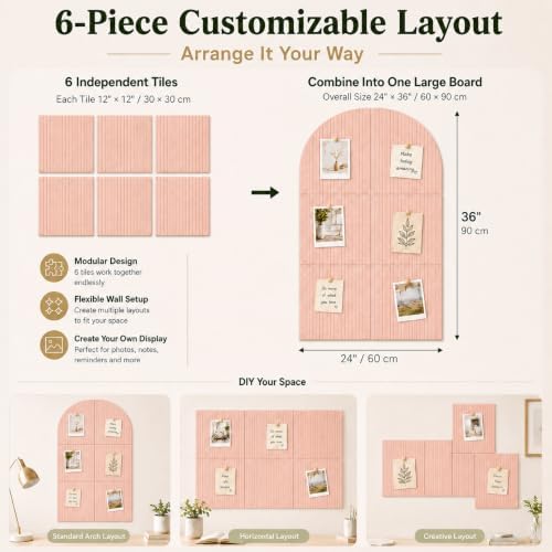 Arched Felt Bulletin Board for Home Office, Bedroom & Classroom Wall Decor, Large 36 x 24 Felt Pin Board with 6 Customizable Tiles and Adhesive Tabs for Photos & Memos