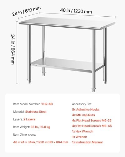 VEVOR Stainless Steel Work Table, 24x48 Inch Food Prep Table, Commercial Kitchen Workstation with Adjustable Undershelf, Metal Heavy Duty Utility Worktable, for Restaurant Home Hotel Garage Outdoor